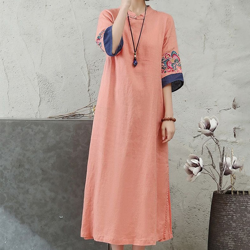 Buddha Stones Embroidery Frog-Button Half Sleeve Cotton Linen Women's Maxi Dress With Pockets