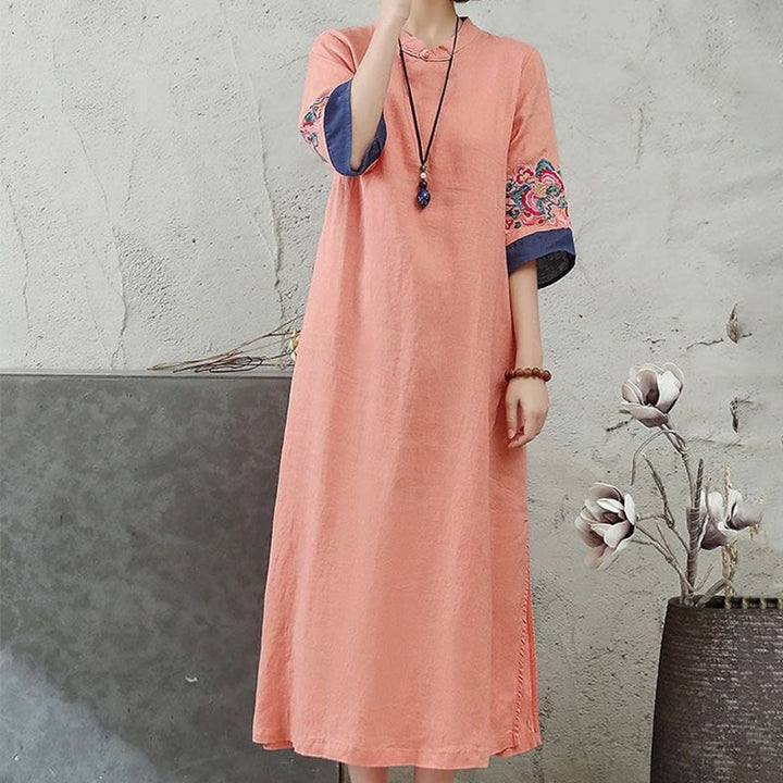 Buddha Stones Embroidery Frog-Button Half Sleeve Cotton Linen Women's Maxi Dress With Pockets