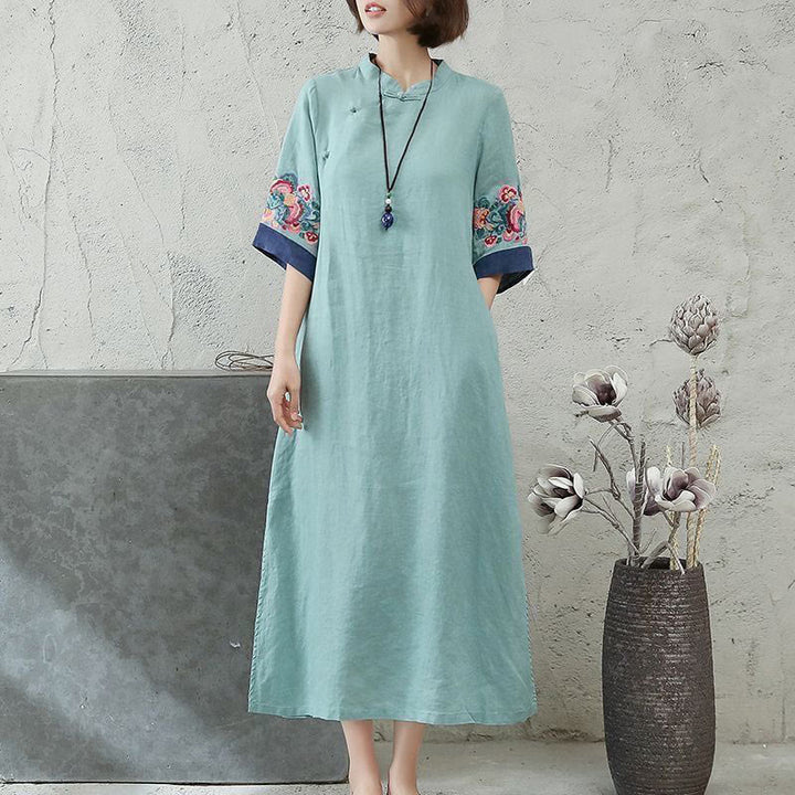 Buddha Stones Embroidery Frog-Button Half Sleeve Cotton Linen Women's Maxi Dress With Pockets
