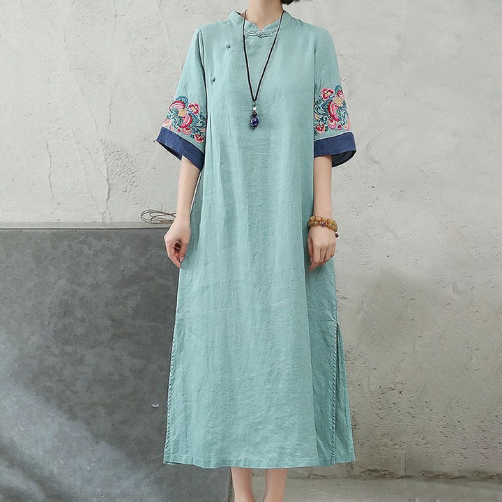 Buddha Stones Embroidery Frog-Button Half Sleeve Cotton Linen Women's Maxi Dress With Pockets