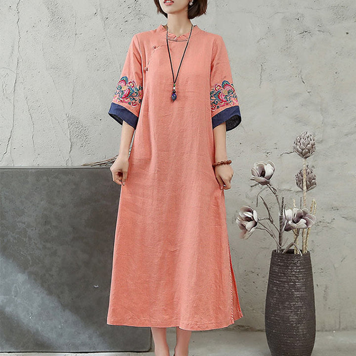 Buddha Stones Embroidery Frog-Button Half Sleeve Cotton Linen Women's Maxi Dress With Pockets