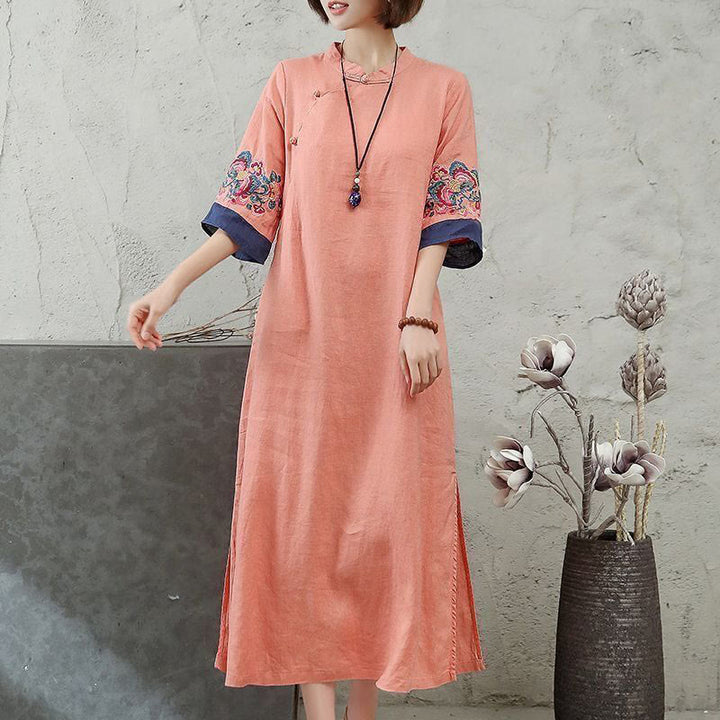 Buddha Stones Embroidery Frog-Button Half Sleeve Cotton Linen Women's Maxi Dress With Pockets