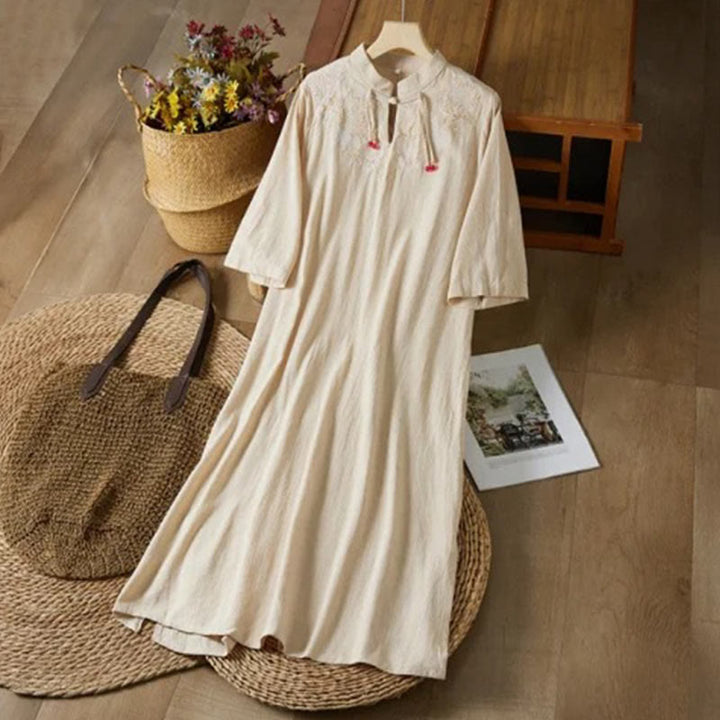 Buddha Stones Vintage Embroidery Frog-button Half Sleeve High Waist Cotton Linen Women's Maxi Dress