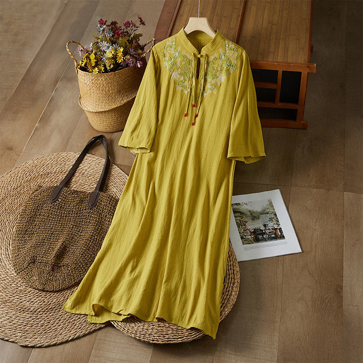 Buddha Stones Vintage Embroidery Frog-button Half Sleeve High Waist Cotton Linen Women's Maxi Dress