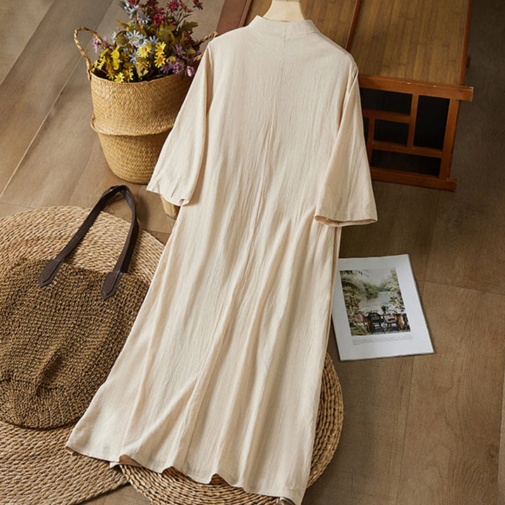 Buddha Stones Vintage Embroidery Frog-button Half Sleeve High Waist Cotton Linen Women's Maxi Dress