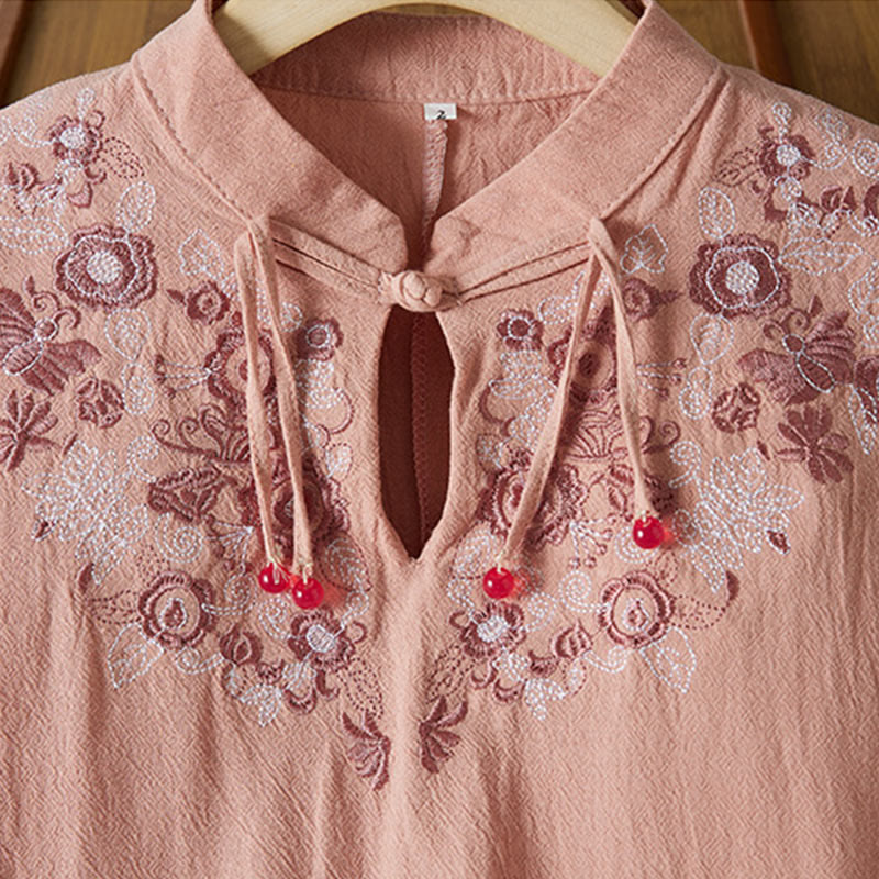 Buddha Stones Vintage Embroidery Frog-button Half Sleeve High Waist Cotton Linen Women's Maxi Dress