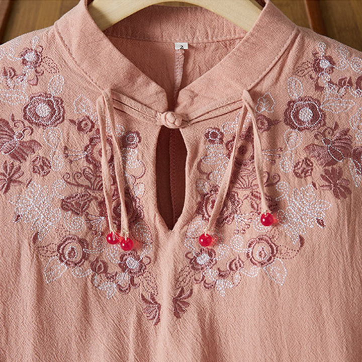 Buddha Stones Vintage Embroidery Frog-button Half Sleeve High Waist Cotton Linen Women's Maxi Dress