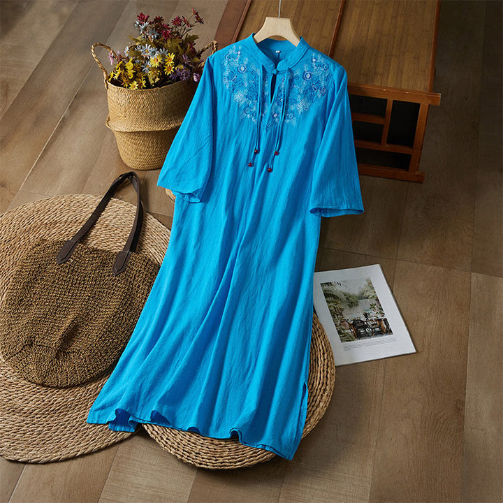 Buddha Stones Vintage Embroidery Frog-button Half Sleeve High Waist Cotton Linen Women's Maxi Dress