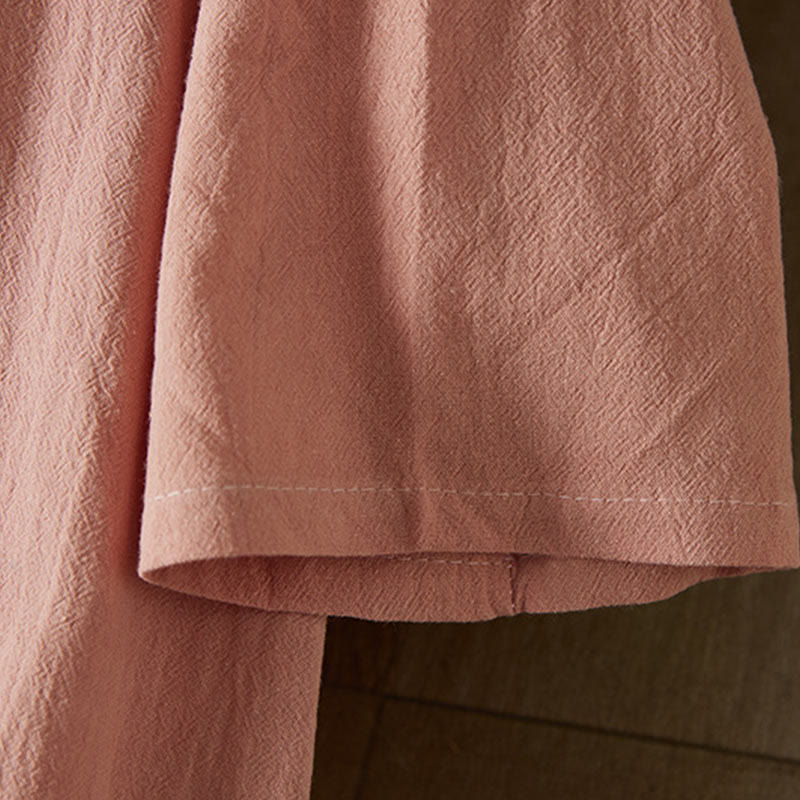 Buddha Stones Vintage Embroidery Frog-button Half Sleeve High Waist Cotton Linen Women's Midi Dress - image 15