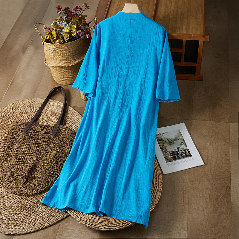 Buddha Stones Vintage Embroidery Frog-button Half Sleeve High Waist Cotton Linen Women's Maxi Dress