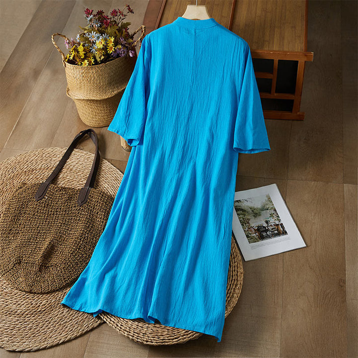 Buddha Stones Vintage Embroidery Frog-button Half Sleeve High Waist Cotton Linen Women's Maxi Dress