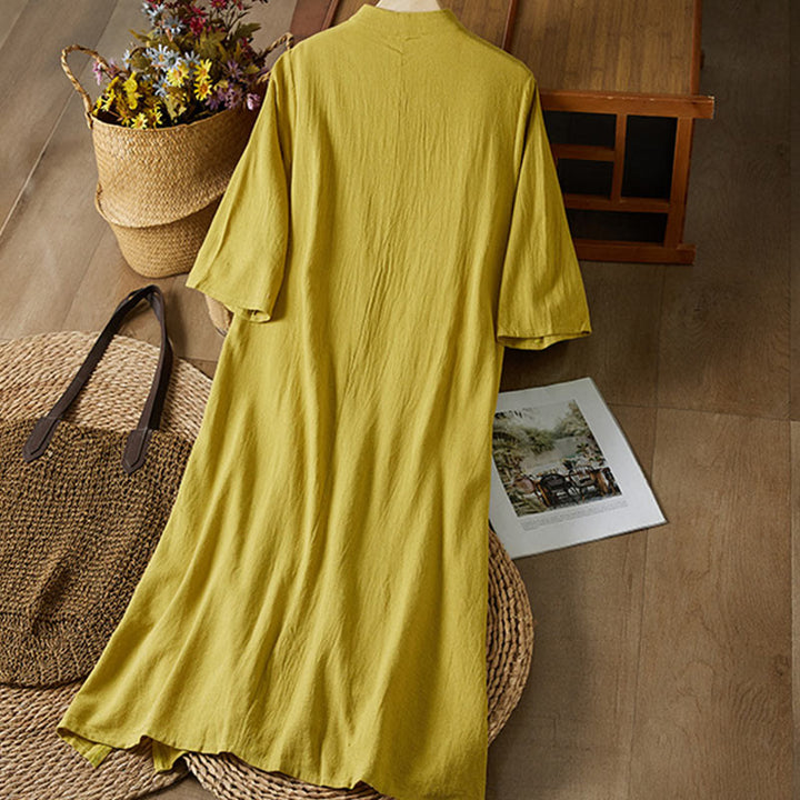 Buddha Stones Vintage Embroidery Frog-button Half Sleeve High Waist Cotton Linen Women's Maxi Dress