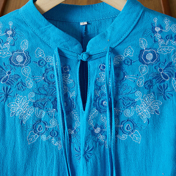 Buddha Stones Vintage Embroidery Frog-button Half Sleeve High Waist Cotton Linen Women's Maxi Dress