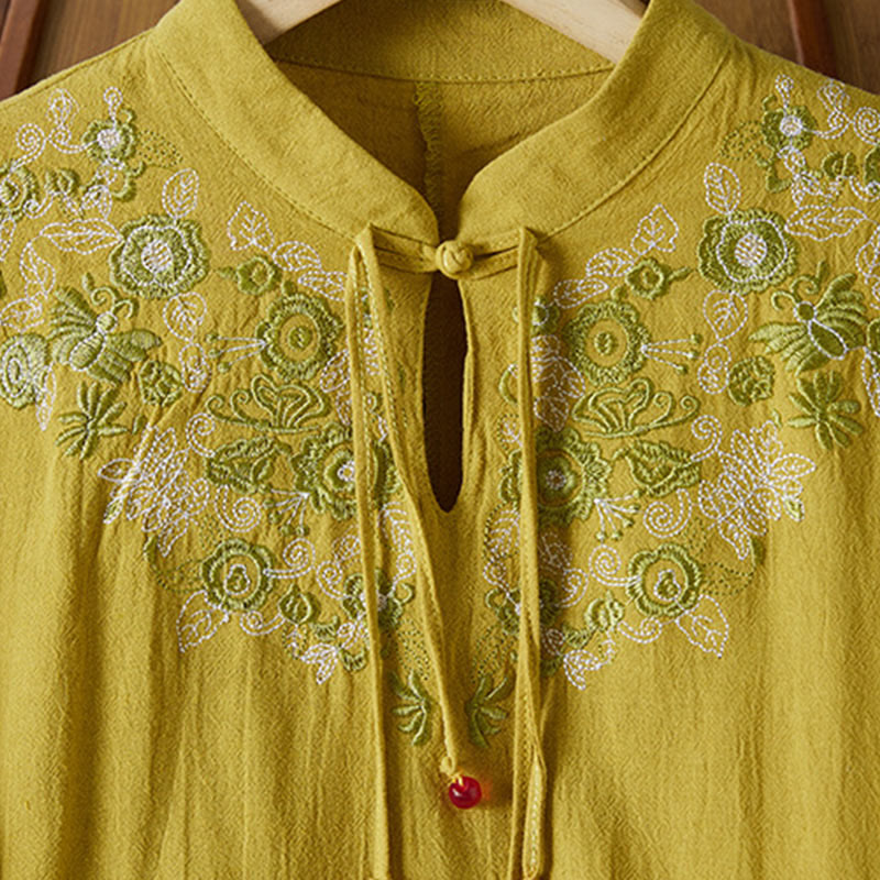 Buddha Stones Vintage Embroidery Frog-button Half Sleeve High Waist Cotton Linen Women's Maxi Dress