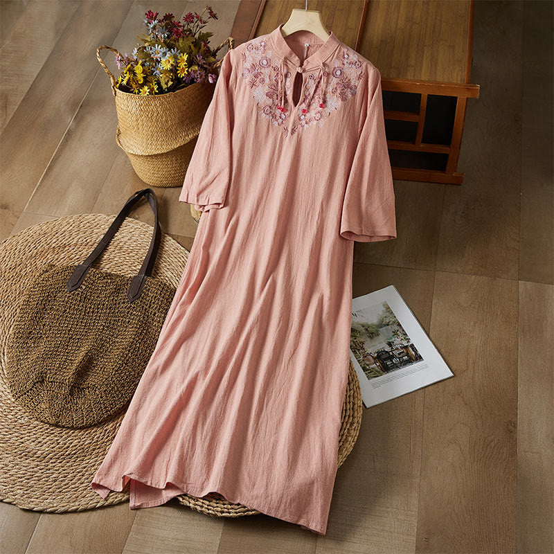 Buddha Stones Vintage Embroidery Frog-button Half Sleeve High Waist Cotton Linen Women's Maxi Dress