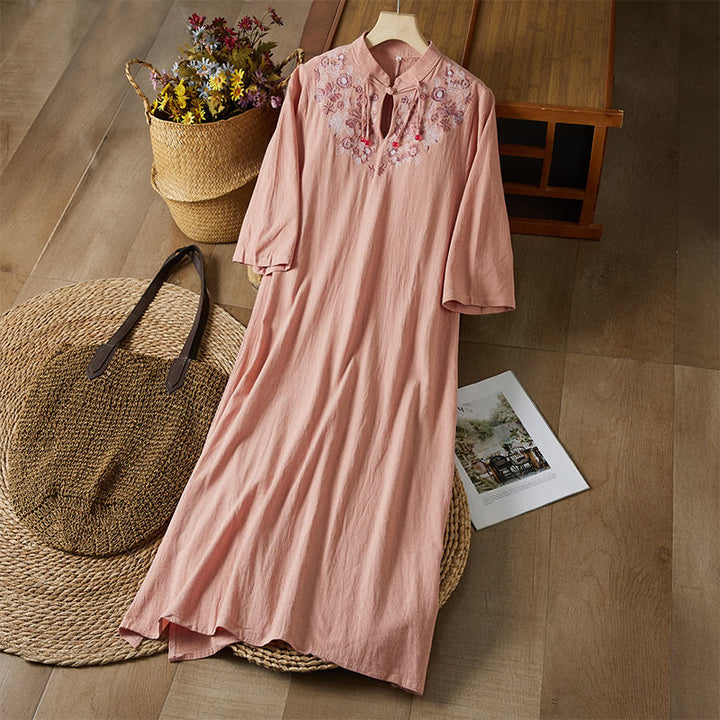 Buddha Stones Vintage Embroidery Frog-button Half Sleeve High Waist Cotton Linen Women's Maxi Dress