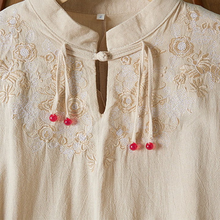Buddha Stones Vintage Embroidery Frog-button Half Sleeve High Waist Cotton Linen Women's Maxi Dress