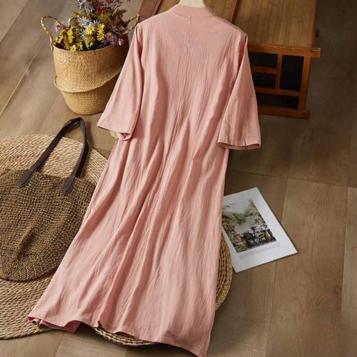 Buddha Stones Vintage Embroidery Frog-button Half Sleeve High Waist Cotton Linen Women's Maxi Dress