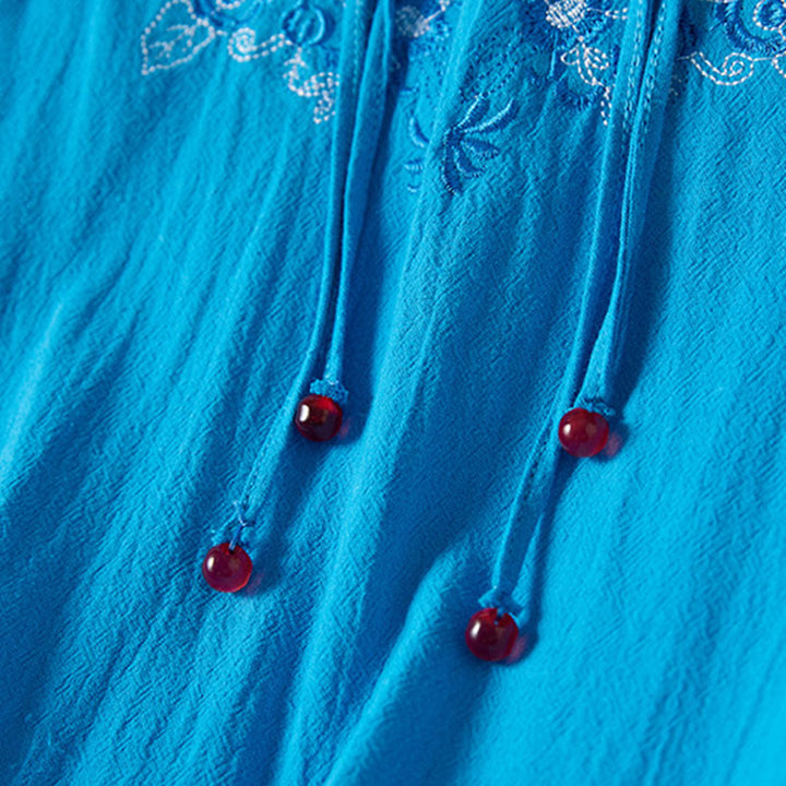 Buddha Stones Vintage Embroidery Frog-button Half Sleeve High Waist Cotton Linen Women's Maxi Dress