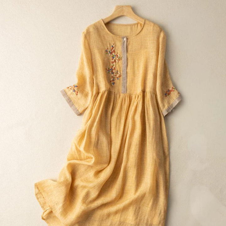 Buddha Stones Spring Ethnic Embroidery Half Sleeve Cotton Linen Women's Midi Dress - Gold - US8-10，UK/AU12-14，EU40-42 (2XL) - image 2