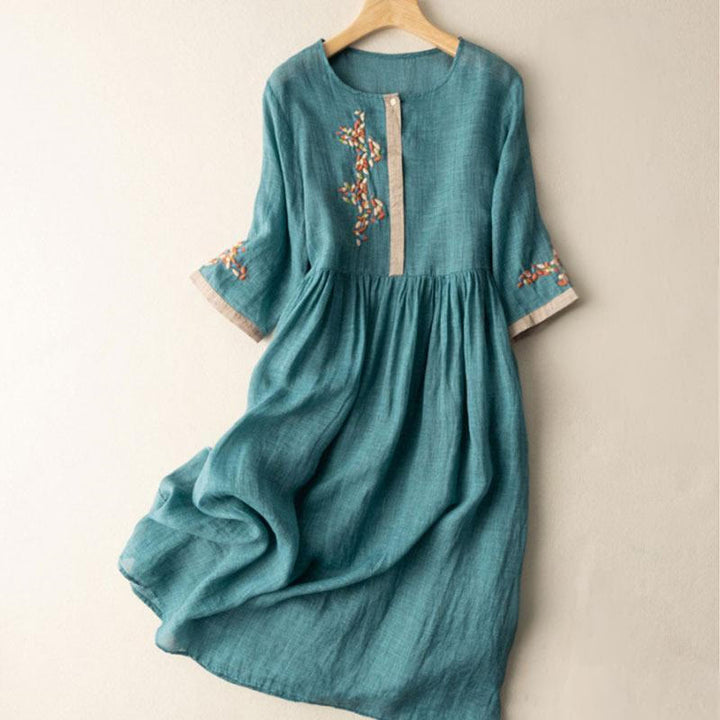 Buddha Stones Spring Ethnic Embroidery Half Sleeve Cotton Linen Women's Maxi Dress