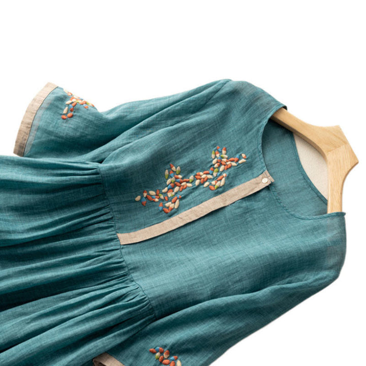 Buddha Stones Spring Ethnic Embroidery Half Sleeve Cotton Linen Women's Maxi Dress