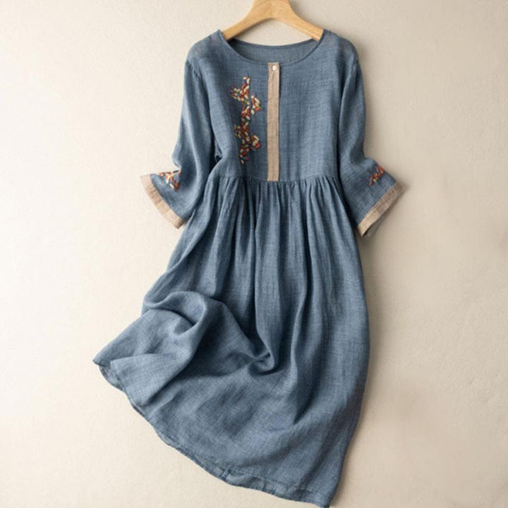 Buddha Stones Spring Ethnic Embroidery Half Sleeve Cotton Linen Women's Maxi Dress
