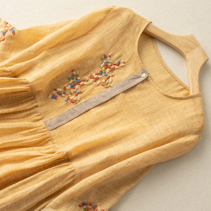 Buddha Stones Spring Ethnic Embroidery Half Sleeve Women's Midi Dress - image 3