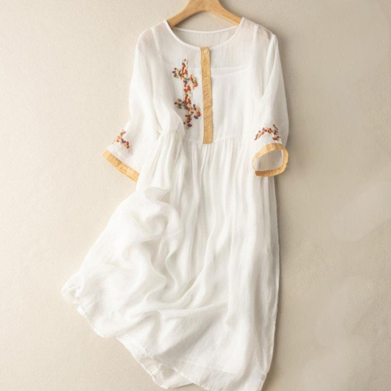 Buddha Stones Spring Ethnic Embroidery Half Sleeve Cotton Linen Women's Midi Dress - White - US8-10，UK/AU12-14，EU40-42 (2XL) - image 0