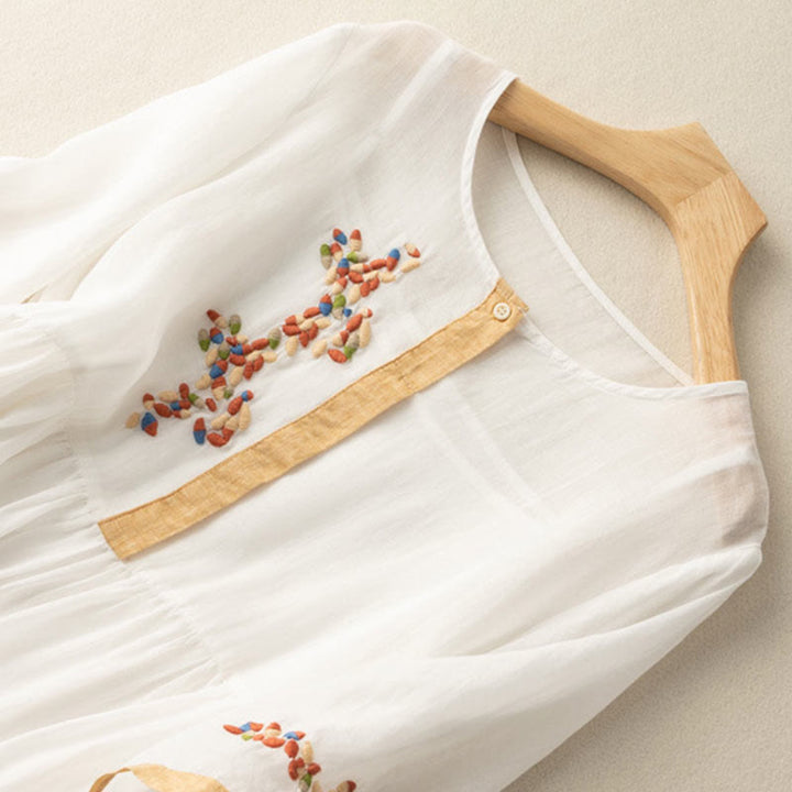 Buddha Stones Spring Ethnic Embroidery Half Sleeve Cotton Linen Women's Midi Dress - image 1