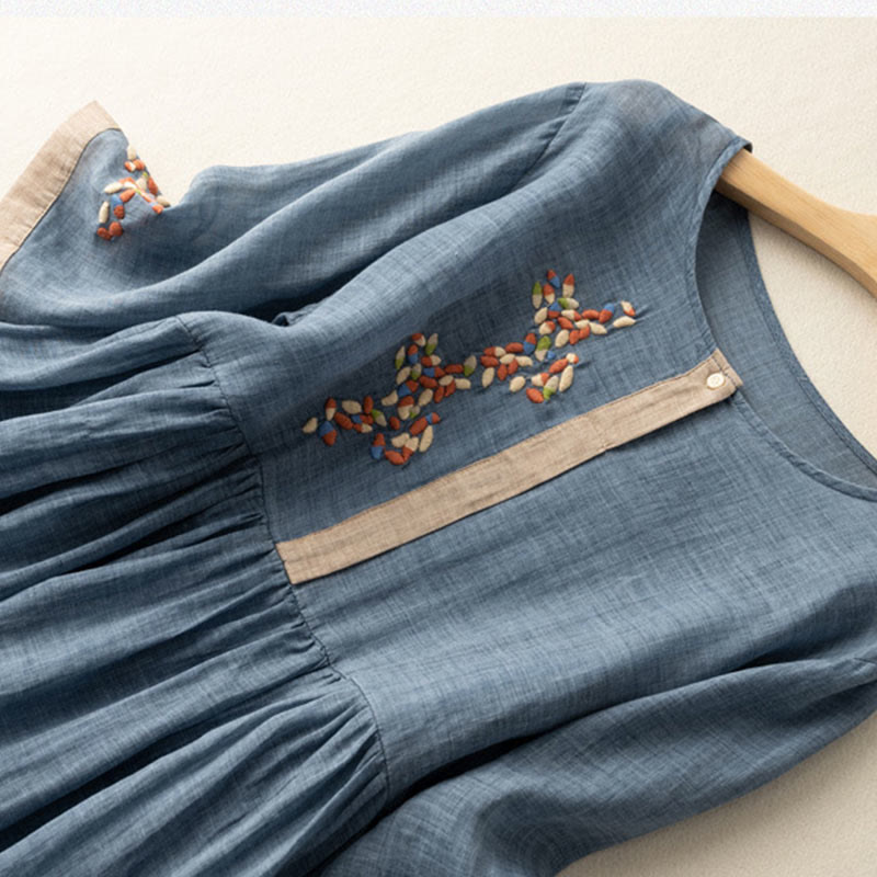 Buddha Stones Spring Ethnic Embroidery Half Sleeve Cotton Linen Women's Maxi Dress