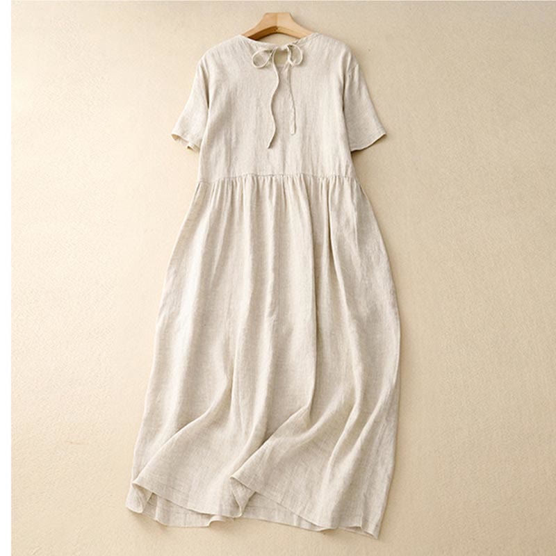 Buddha Stones Casual Short Sleeve Bowknot Tie Straps Women's Maxi Dress With Pockets