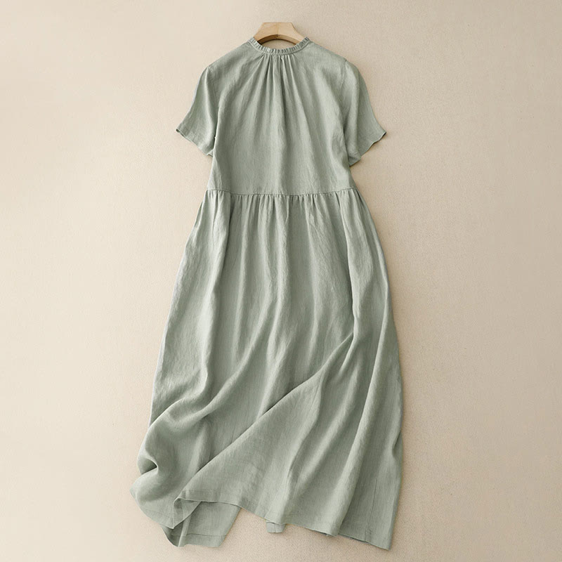 Buddha Stones Casual Plain Button Crew Ruffle Neck Short Sleeve Cotton Linen Women's Maxi Dress With Pockets