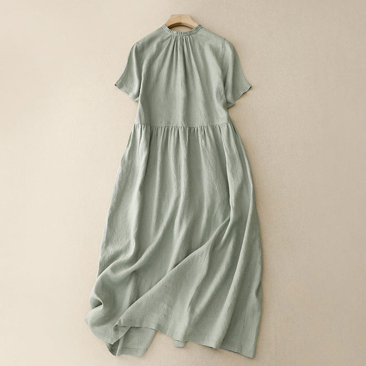 Buddha Stones Casual Plain Button Crew Ruffle Neck Short Sleeve Cotton Linen Women's Maxi Dress With Pockets