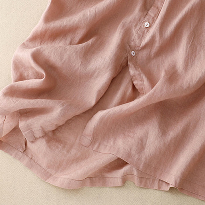 Buddha Stones Casual Plain Button Crew Ruffle Neck Short Sleeve Cotton Linen Women's Maxi Dress With Pockets