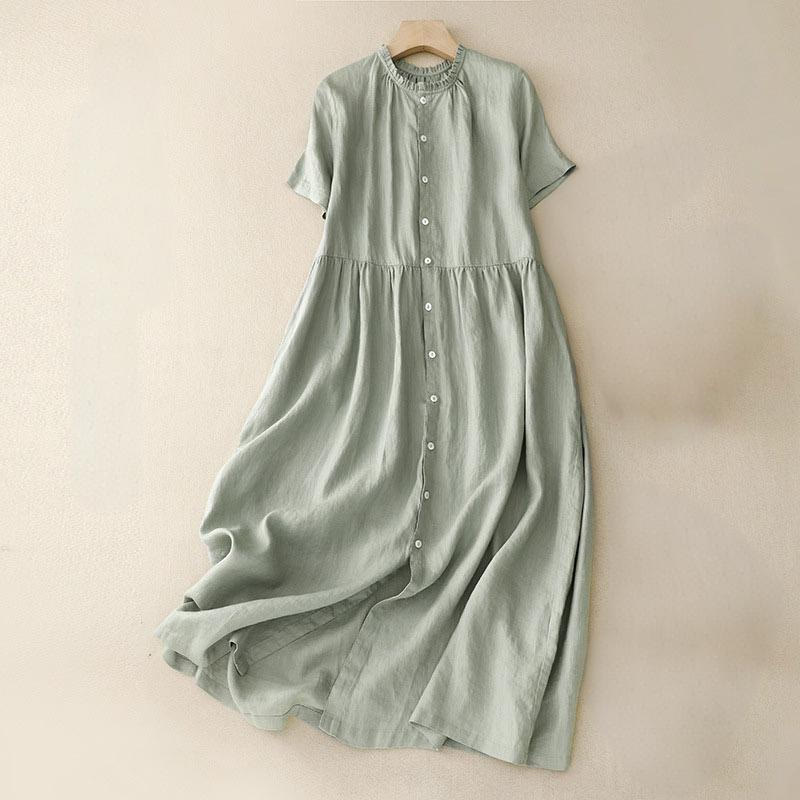 Buddha Stones Casual Plain Button Crew Ruffle Neck Short Sleeve Cotton Linen Women's Midi Dress - LightGreen - US8-10，UK/AU12-14，EU40-42 (2XL) - image 1