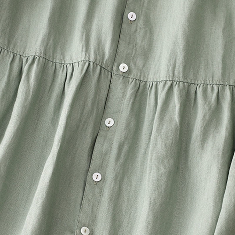 Buddha Stones Casual Plain Button Crew Ruffle Neck Short Sleeve Cotton Linen Women's Maxi Dress With Pockets