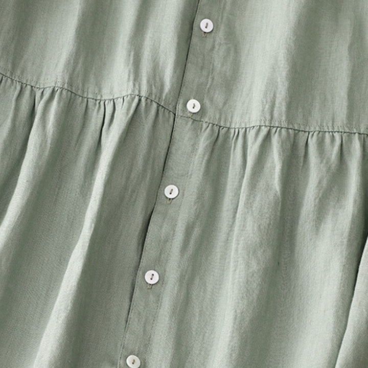 Buddha Stones Casual Plain Button Crew Ruffle Neck Short Sleeve Cotton Linen Women's Maxi Dress With Pockets