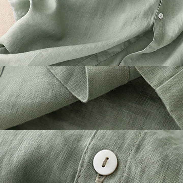 Buddha Stones Casual Plain Button Crew Ruffle Neck Short Sleeve Cotton Linen Women's Maxi Dress With Pockets