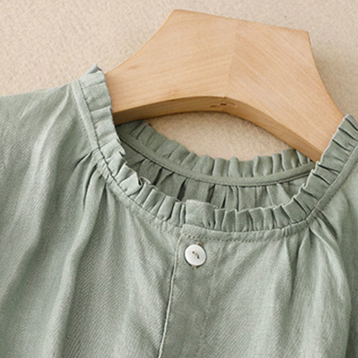 Buddha Stones Casual Plain Button Crew Ruffle Neck Short Sleeve Cotton Linen Women's Midi Dress - image 3