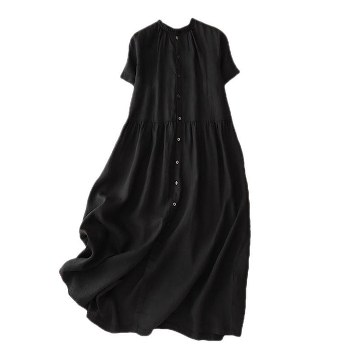 Buddha Stones Casual Plain Button Crew Ruffle Neck Short Sleeve Cotton Linen Women's Maxi Dress With Pockets