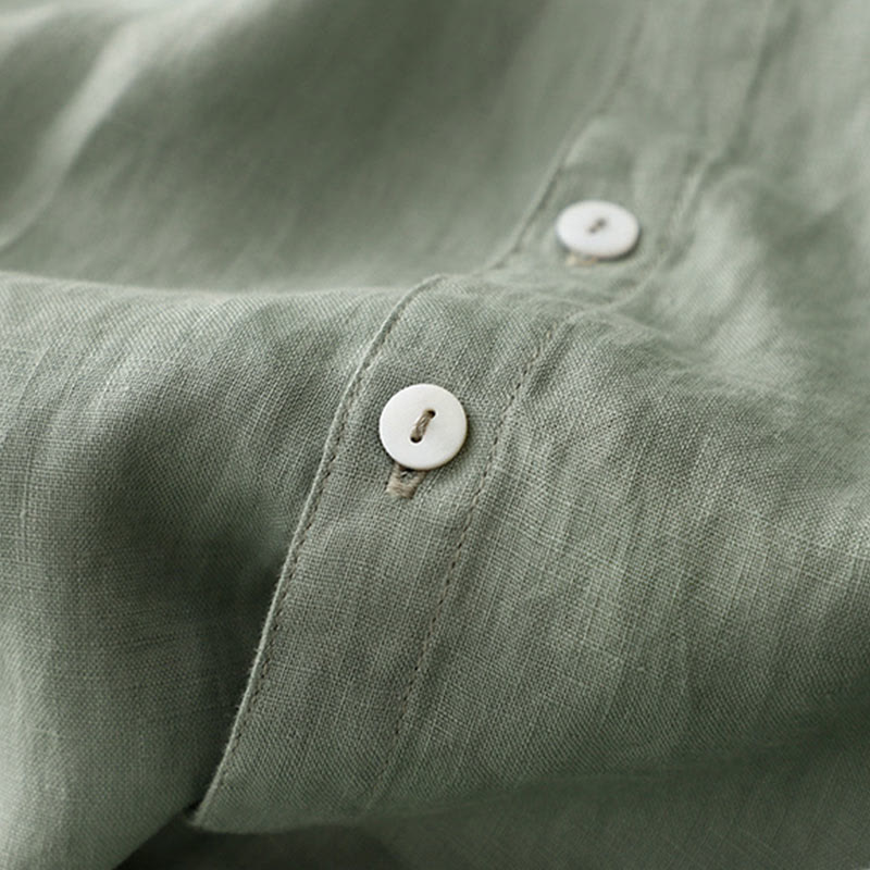 Buddha Stones Casual Plain Button Crew Ruffle Neck Short Sleeve Cotton Linen Women's Maxi Dress With Pockets