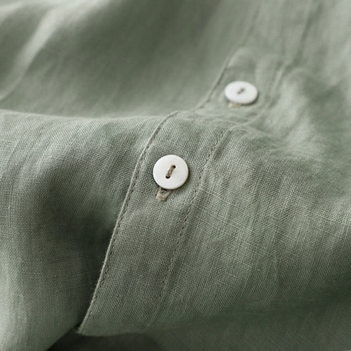 Buddha Stones Casual Plain Button Crew Ruffle Neck Short Sleeve Cotton Linen Women's Maxi Dress With Pockets