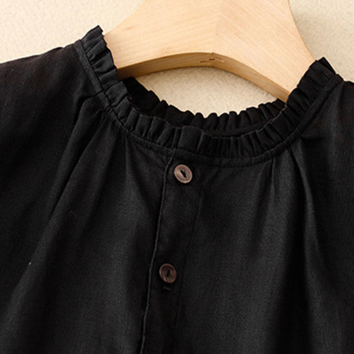 Buddha Stones Casual Plain Button Crew Ruffle Neck Short Sleeve Cotton Linen Women's Maxi Dress With Pockets