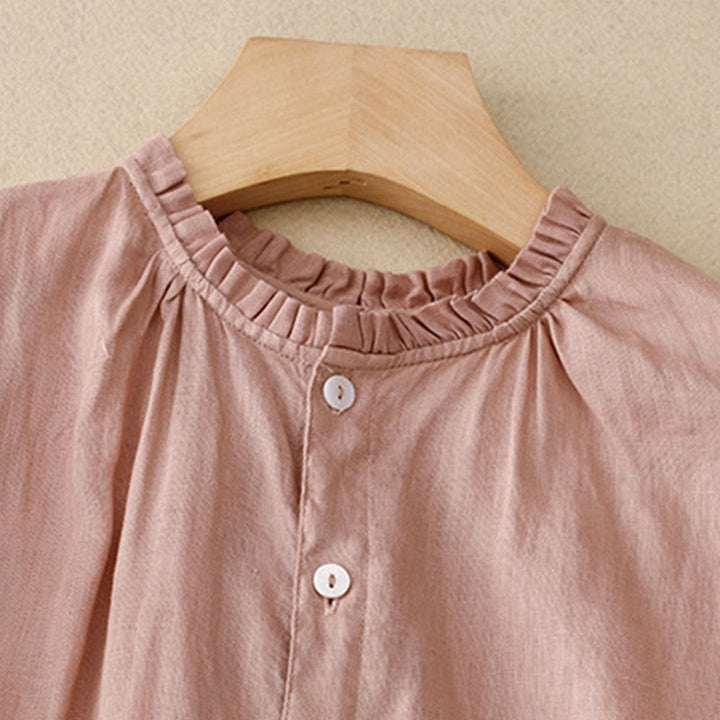 Buddha Stones Casual Plain Button Crew Ruffle Neck Short Sleeve Cotton Linen Women's Maxi Dress With Pockets