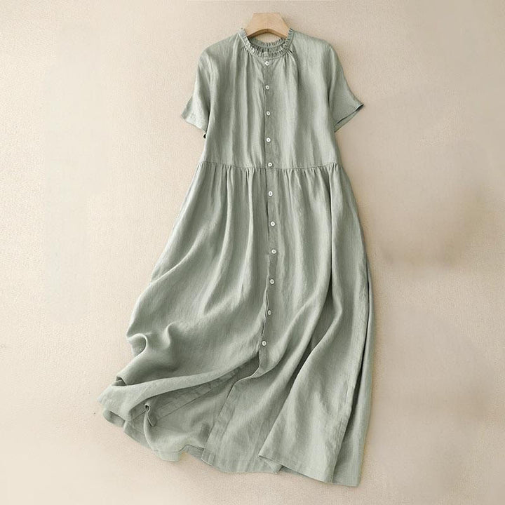 Buddha Stones Casual Plain Button Crew Ruffle Neck Short Sleeve Cotton Linen Women's Maxi Dress With Pockets
