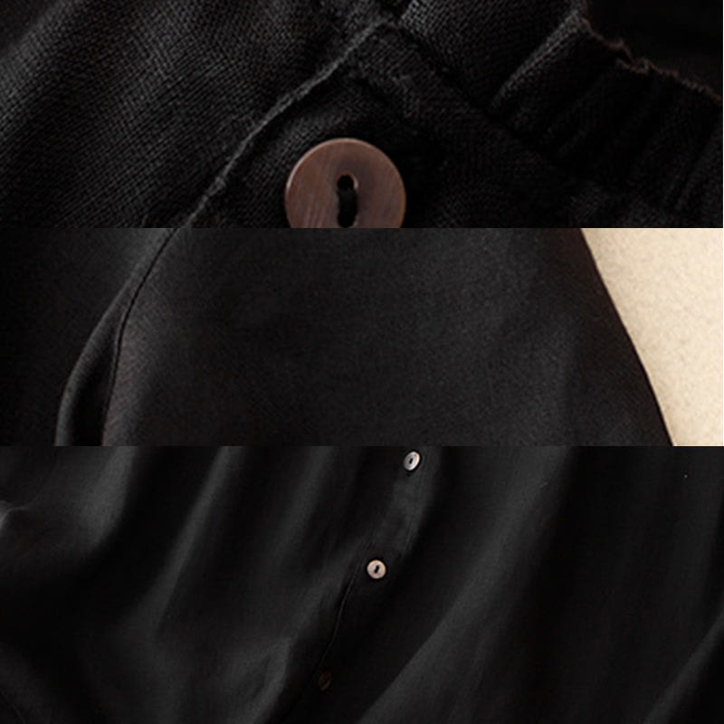 Buddha Stones Casual Plain Button Crew Ruffle Neck Short Sleeve Cotton Linen Women's Midi Dress - image 12