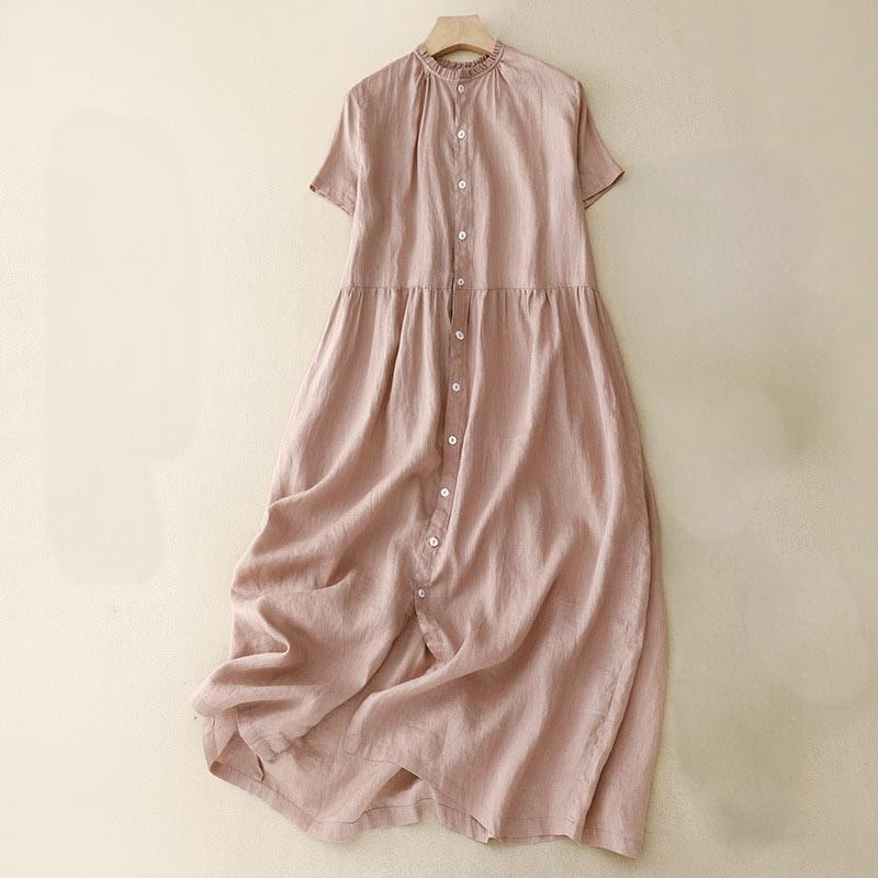 Buddha Stones Casual Plain Button Crew Ruffle Neck Short Sleeve Cotton Linen Women's Maxi Dress With Pockets