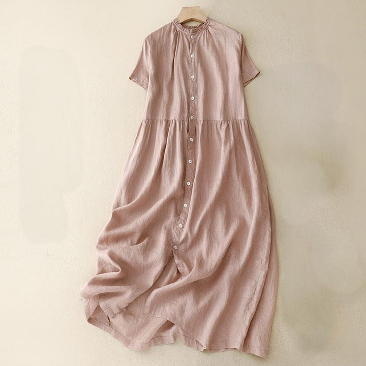 Buddha Stones Casual Plain Button Crew Ruffle Neck Short Sleeve Cotton Linen Women's Maxi Dress With Pockets