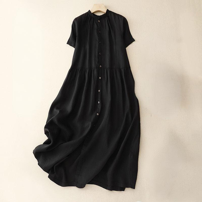 Buddha Stones Casual Plain Button Crew Ruffle Neck Short Sleeve Cotton Linen Women's Maxi Dress With Pockets